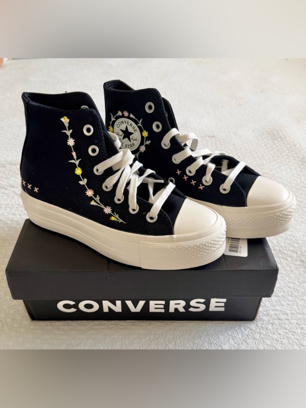 Converse High Top Platform Sneakers in Black with Floral Stitching